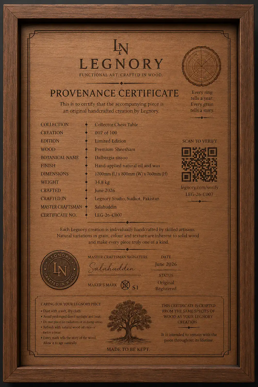 A LEGNORY Certificate of Provenance engraved into sheesham wood