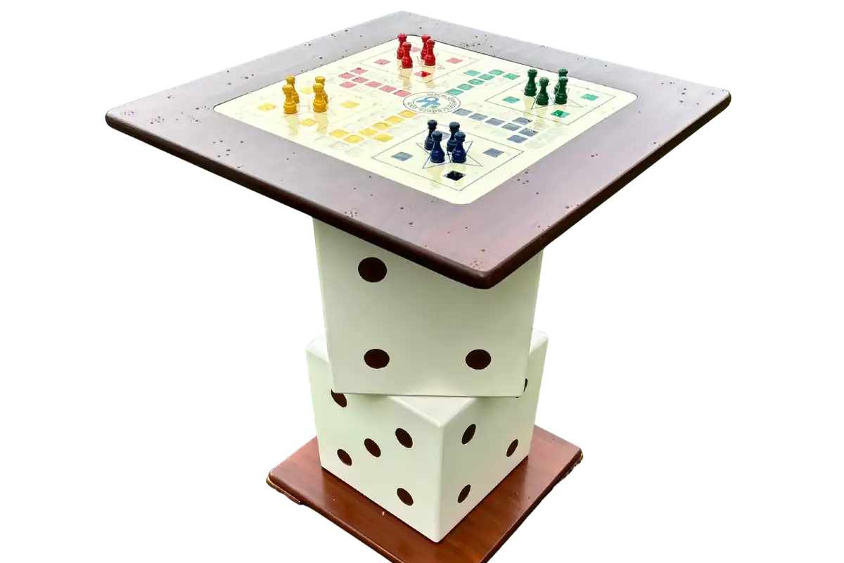 Wooden ludo game table with stacked dice design