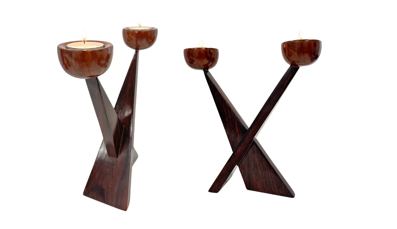 Stacked wooden candle holder set